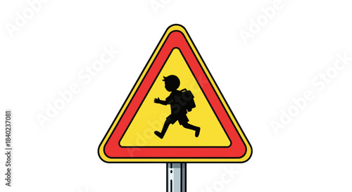 School Zone Sign: Illustration Of Children Crossing The Road With A Warning Symbol