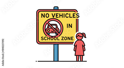 School Zone Sign Illustrates Vehicle Restrictions to Prioritize Child Safety and Pedestrian Flow