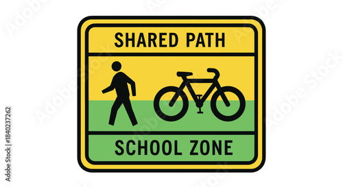 Shared Area Guidance Sign: Pedestrian, Bicycle Symbol, And School Zone Information Displayed