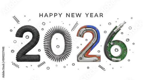 Happy New Year 2026 text art with creative numbers made of industrial materials and circuits.