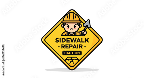 Sidewalk Repair Ahead Sign With Cartoon Constructor In Safety Gear For Public Safety
