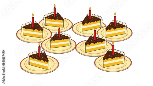 A delicious collection of eight individual chocolate cake slices, each topped with a vibrant, burning candle, perfect for a joyful birthday celebration or any festive occasion