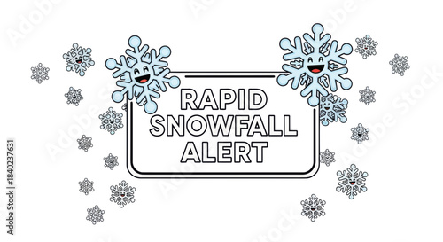 Snowy Weather Advisory: Rapid Snowfall Alert With Joyful Animated Characters Depicted