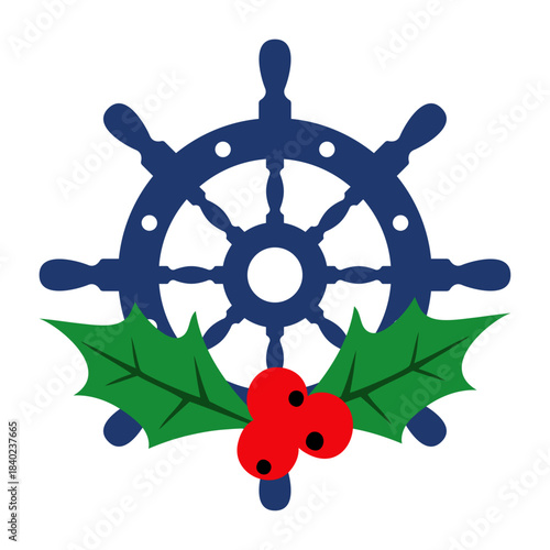 Logo nautical. Silueta de volante de timón de barco con hojas y bayas de acebo para tarjetas y felicitaciones de Navidad