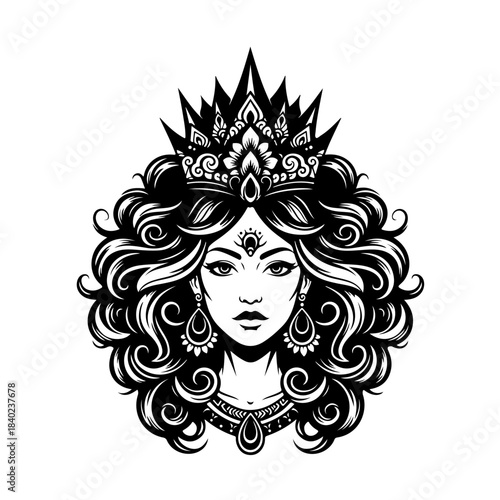 Intricate black and white illustration of a queen with a detailed crown, curly hair, and ornate jewelry, featuring a majestic and elegant design.