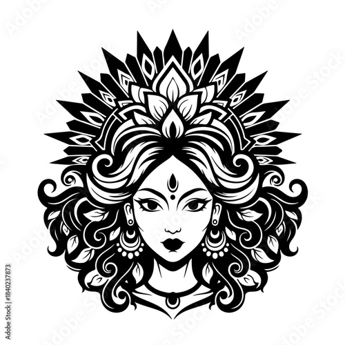 Intricate black and white illustration of a goddess face with elaborate headdress, flowing hair, and traditional Indian-inspired adornments.