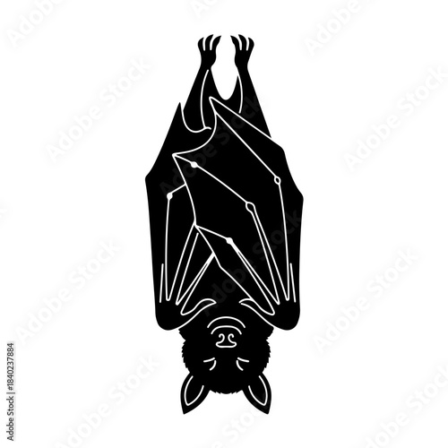 A black silhouette of a bat hanging upside down with its wings folded, isolated on a white background, depicting a nocturnal mammal.