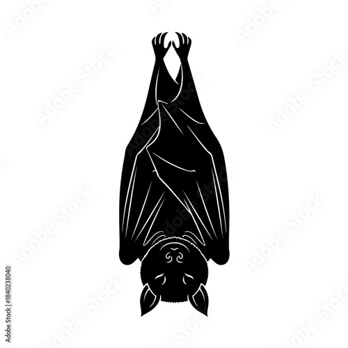A black silhouette of a bat hanging upside down with its wings folded, isolated on a white background.
