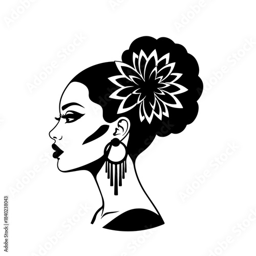 Black and white profile silhouette of an elegant woman with a floral updo and large earrings.