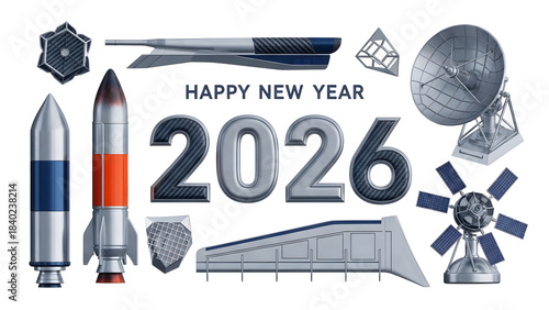 Happy New Year 2026 greeting with futuristic space technology elements including rockets, satellites, and advanced aircraft designs.