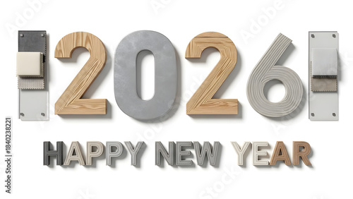 3D rendering of '2026' in wood and concrete textures with 'HAPPY NEW YEAR' text below, isolated on a white background, symbolizing the upcoming year's celebration.
