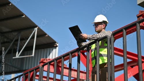 Professional engineer reviewing inspection checklist at hydraulic infrastructure facility outdoors