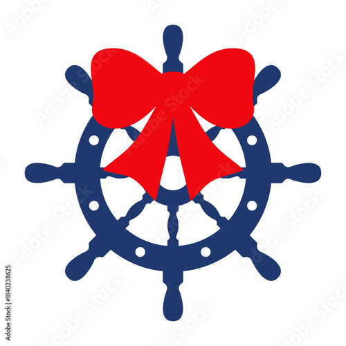 Logo nautical. Silueta de volante de timón de barco con lazo de cinta de regalo para tarjetas y felicitaciones de Navidad