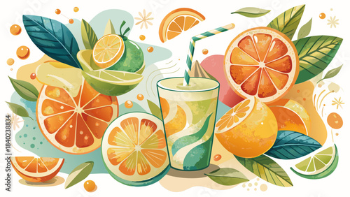 A refreshing watercolor composition highlighting citrus slices, soft brush textures, and a cool beverage theme suitable for seasonal menus, artistic designs, and modern decorative applications.