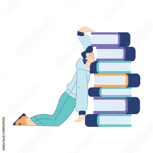 Man Student Character Tired and Exhausted Lean on Book Pile Engaged in Education and Study Vector Illustration