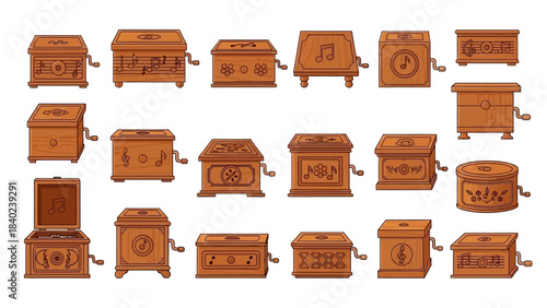 Collection of wooden music boxes with intricate designs and musical motifs