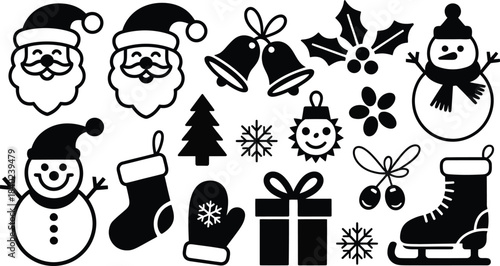 Black and White Christmas Silhouette Icons Collection on White Background