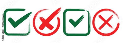Tick, cross signs for checkbox, checklist, v and x in sketch doodle brush marker checklist symbol. Check marks and crosses in varied styles, ideal for approval, rejection, or selection icons. 