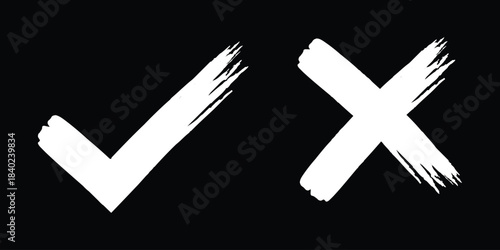 Tick & cross mark grunge brush vector symbols. Yes & no sign for approval and rejection. Grunge hand drawn with brush strokes cross x and tick OK check marks. Right & wrong signs in brush marker style