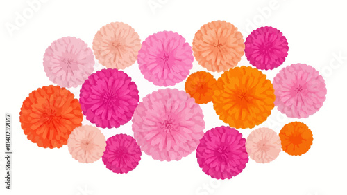 A delightful and vibrant collection of fluffy, spherical decorative elements in various shades of pink and orange, offering a cheerful and playful texture perfect for creative design