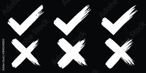 Check tick mark icon set. Cross box x check mark checkbox list vector draw hand drawn sketch doodle brush marker checklist symbol wrong right circle. hand drawn, grunge X  sign. hand drawn tick mark.