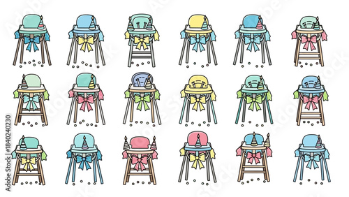 Collection of colorful baby high chairs with bows, perfect for nursery or childcare themes