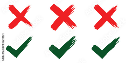 Tick, cross signs for checkbox, checklist, v and x in sketch doodle brush marker checklist symbol. Check marks and crosses in varied styles, ideal for approval, rejection, or selection icons. 
