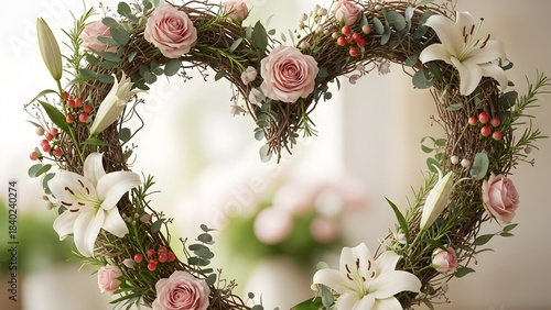 Elegant floral heart shaped wreath with roses lilies and greenery for wedding decor