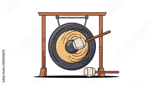 Stylized illustration of a traditional Asian gong and mallet, ready to create deep, resonant sounds for cultural events or peaceful meditation