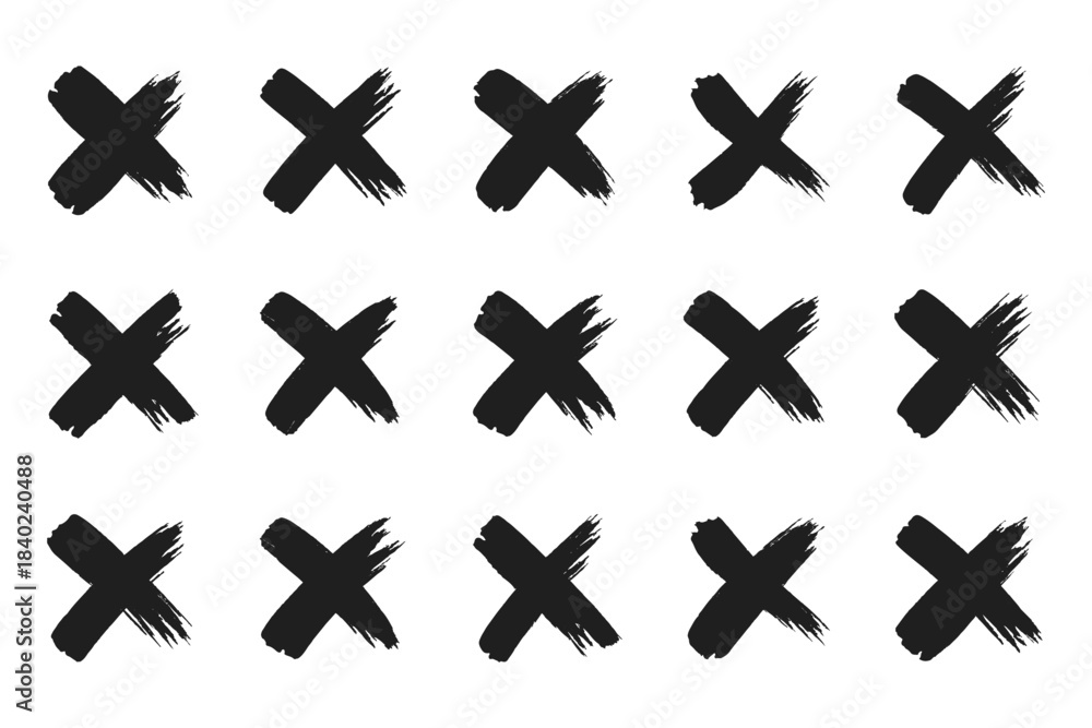Obraz premium Set of tick and cross brush icon collection. Grunge brush stroke checkboxes with tick and cross symbols. Hand drawn checklist symbols. hand drawn cross symbol, X sign. Grunge x sign. rejection icon. 