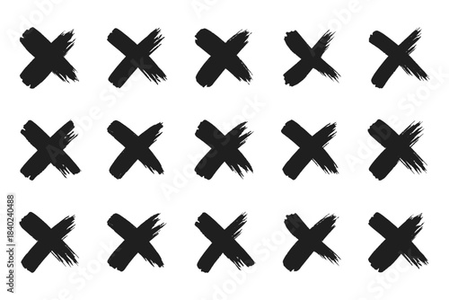 Set of tick and cross brush icon collection. Grunge brush stroke checkboxes with tick and cross symbols. Hand drawn checklist symbols. hand drawn cross symbol, X sign. Grunge x sign. rejection icon. 