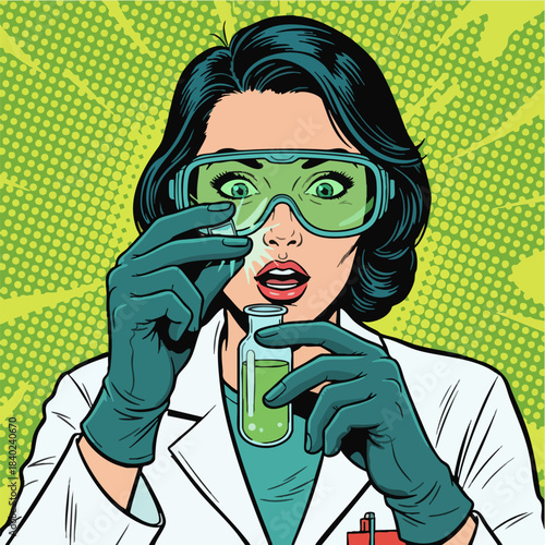 Female Scientist Looking Surprised at Test Tube in Pop Art Style