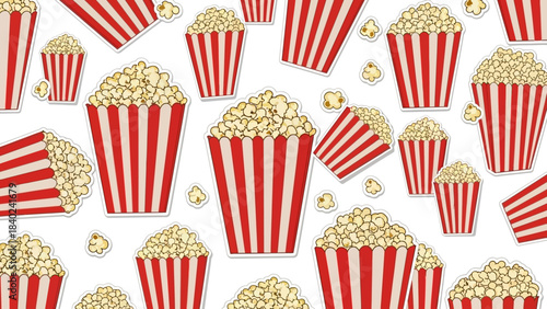 Seamless pattern of fresh golden popcorn in classic red and white striped buckets, perfect for cinema, movie nights, or snack-themed backgrounds and designs