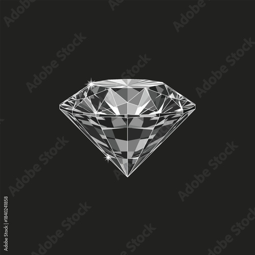 A sparkling, cut diamond illustration with many faceted surfaces on black