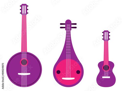 Acoustic guitar parts knolling flat lay. Disassembled musical instrument. DIY guitar kit for assembly or repair. Luthier concept with body, neck, and string, vector illustration.