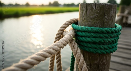 Rustic charm of a weathered wooden post adorned with nautical ropes, basking in golden light.
