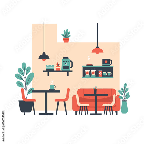 Contemporary coffee shop interior. Relaxing cafe scene with modern furniture, green plants, and inviting decor, perfect for enjoying your favorite coffee