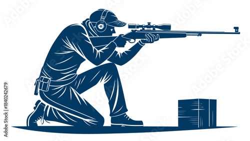 Focused Shooting Sport Silhouette Vector Aiming a Rifle, depicting precision, concentration, and competitive marksmanship.