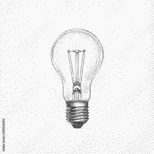 Concept light bulb with sketchy lines and faded grain, gritty paper texture with dusty stipple and vintage noise surrounding the glowing idea.