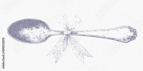Line drawing of a teaspoon with a small bow, dusty stipple and paper texture with grain, subtle ink noise and delicate vintage grit.