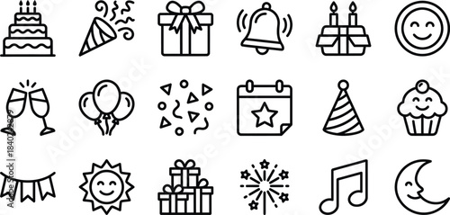 Collection of hand drawn outline icons representing celebration and party elements including cake gifts balloons and confetti for festive design concepts