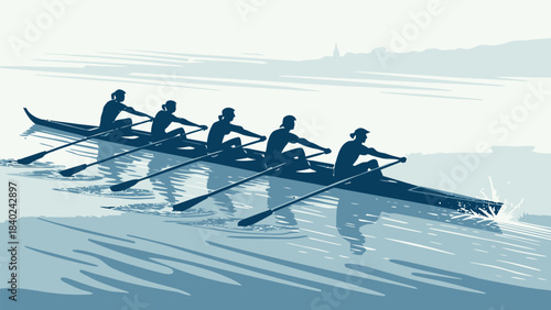 Synchronized Rowing Team Silhouette Vector Paddling in Unison, illustrating teamwork, strength, and competitive water sports.