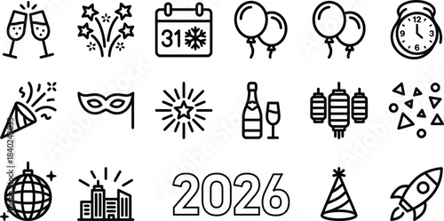 Collection of hand drawn outline icons representing new year s eve celebrations and the year 2026 including champagne fireworks balloons and party hats