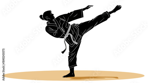 Dynamic Karate Athlete Silhouette Vector - Person Performing High Kick in Powerful Action Pose, Martial Arts and Self-Defense Illustration