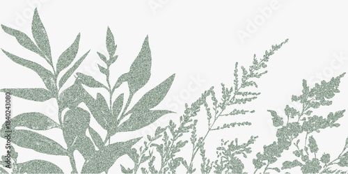 Green leaves and branches with stippled veins, soft grain, botanical shading, halftone grit and subtle specks on faded textured illustration background.