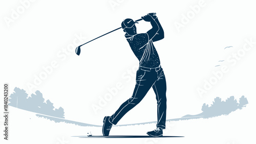 Elegant Golf Player Silhouette Vector - Athlete Swinging Golf Club with Precision, Green Field Background for Sport, Recreation and Leisure