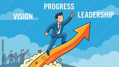 Business leader climbing upward arrow towards vision, progress, and leadership