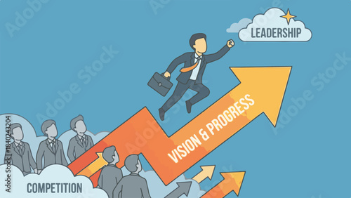 Leadership and progress concept with businessman escaping competition