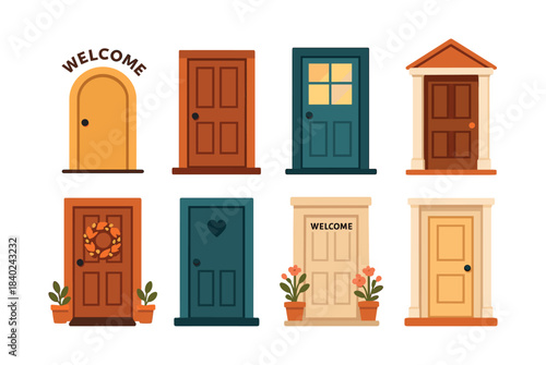 Doorways collection, flat vector illustration, entrances, welcome signs, plants