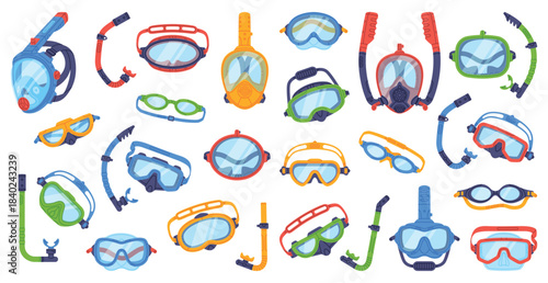 Swimming Mask and Goggles for Diving Underwater Vector Set